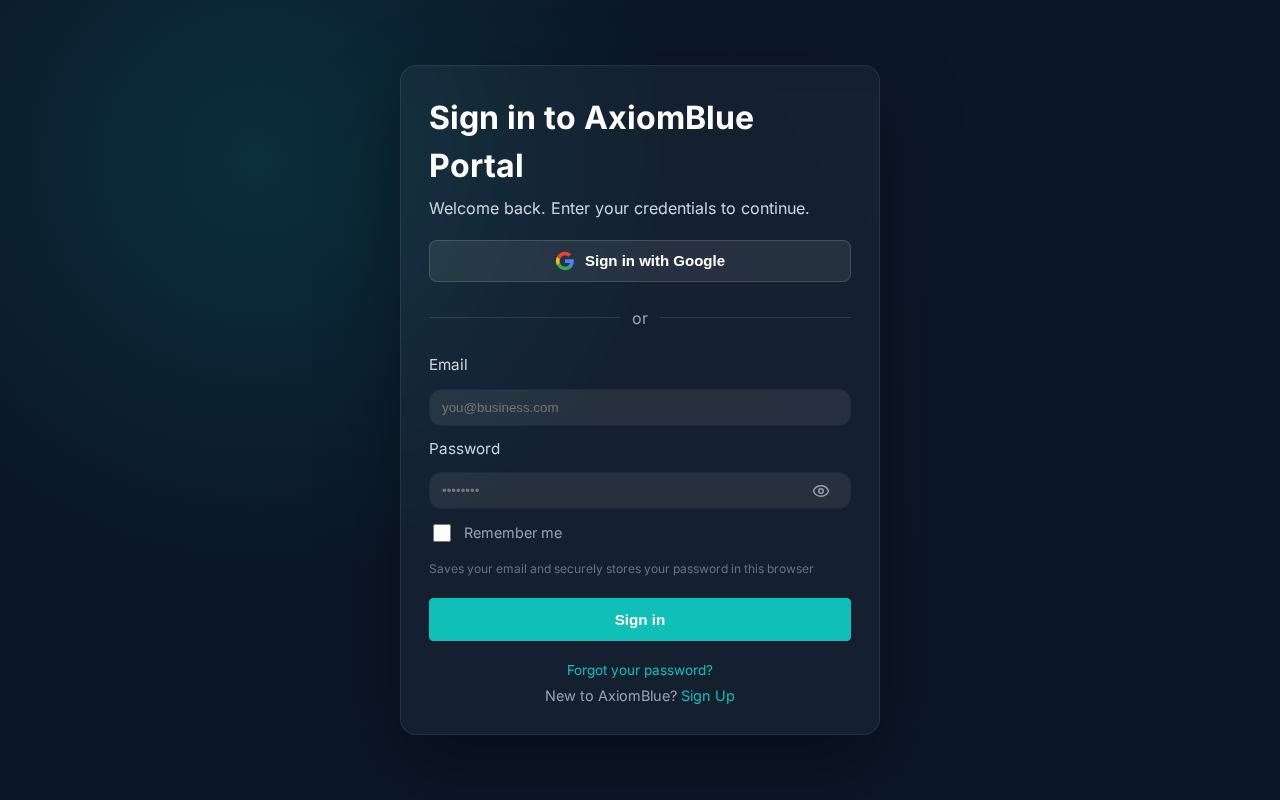 AxiomBlue login page with email and password fields