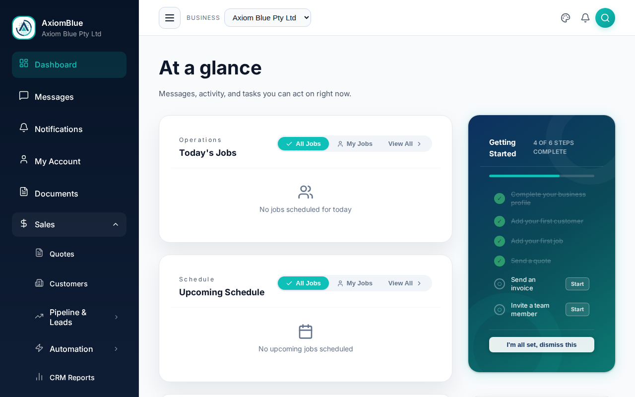 Portal top bar with the business selector, notification bell, search button and account avatar