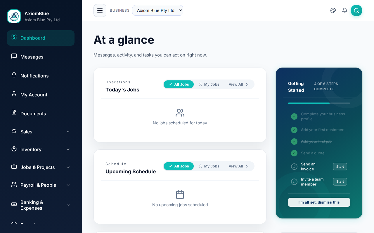 The dashboard with Operations, Needs attention and Recent activity on the left, and Getting started, Messages and Quick actions on the right