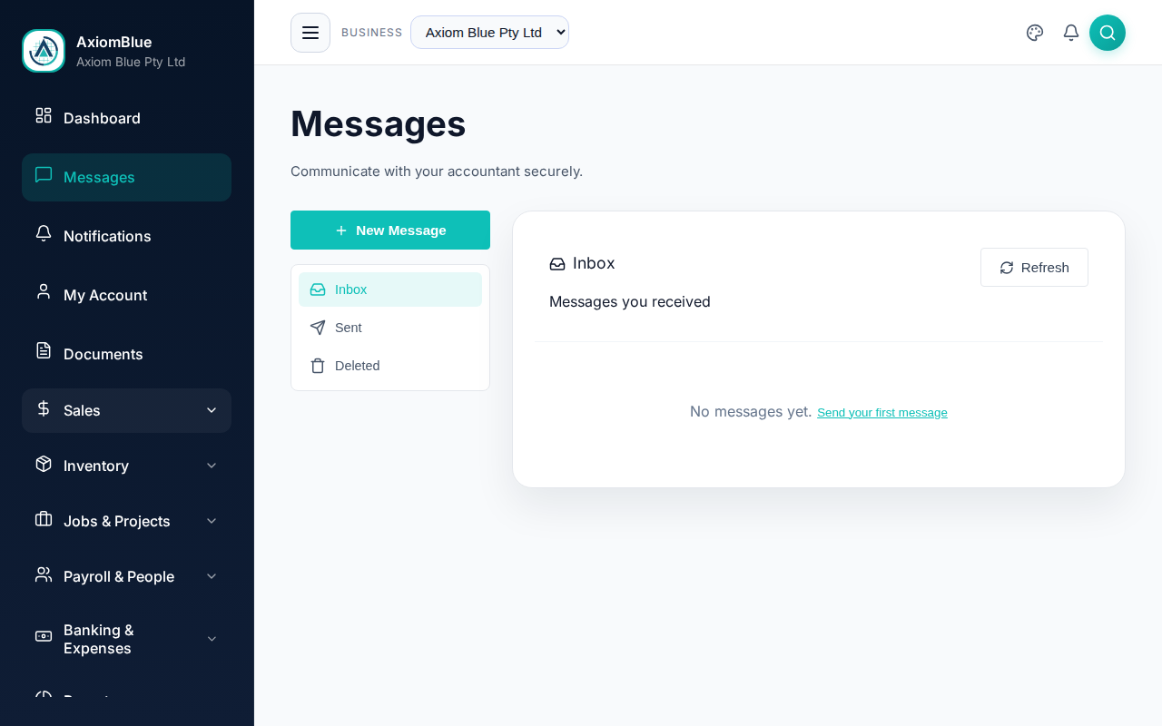The Messages page with folder list on the left and the inbox beside it