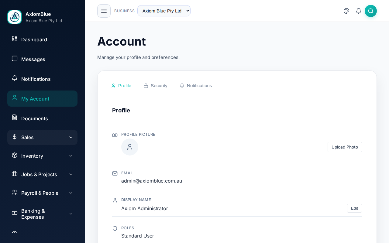 The Account page on the Profile tab, showing profile picture, email, display name and roles