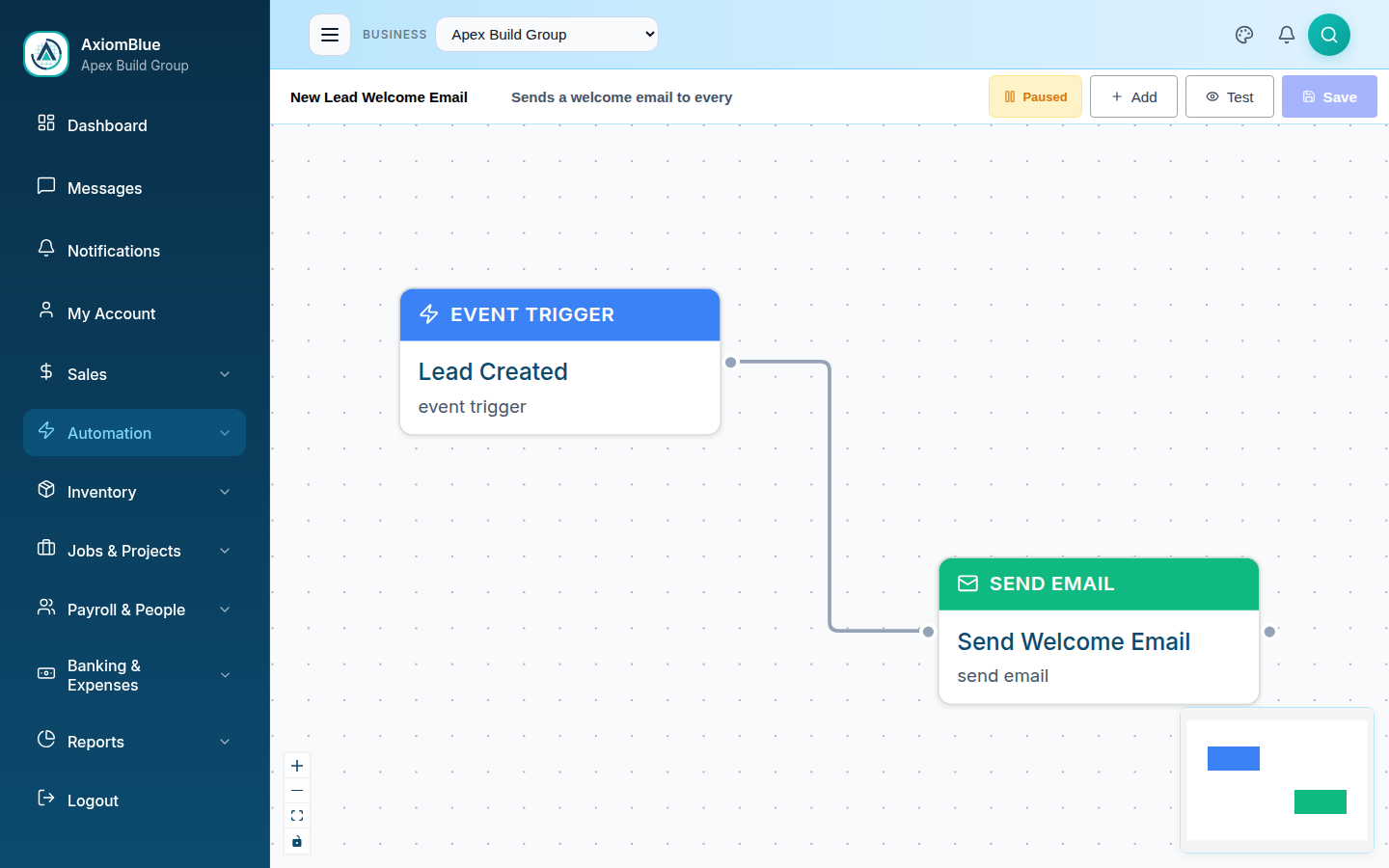 Workflow editor showing a two-node flow: an Event Trigger node connected to a Send Email node