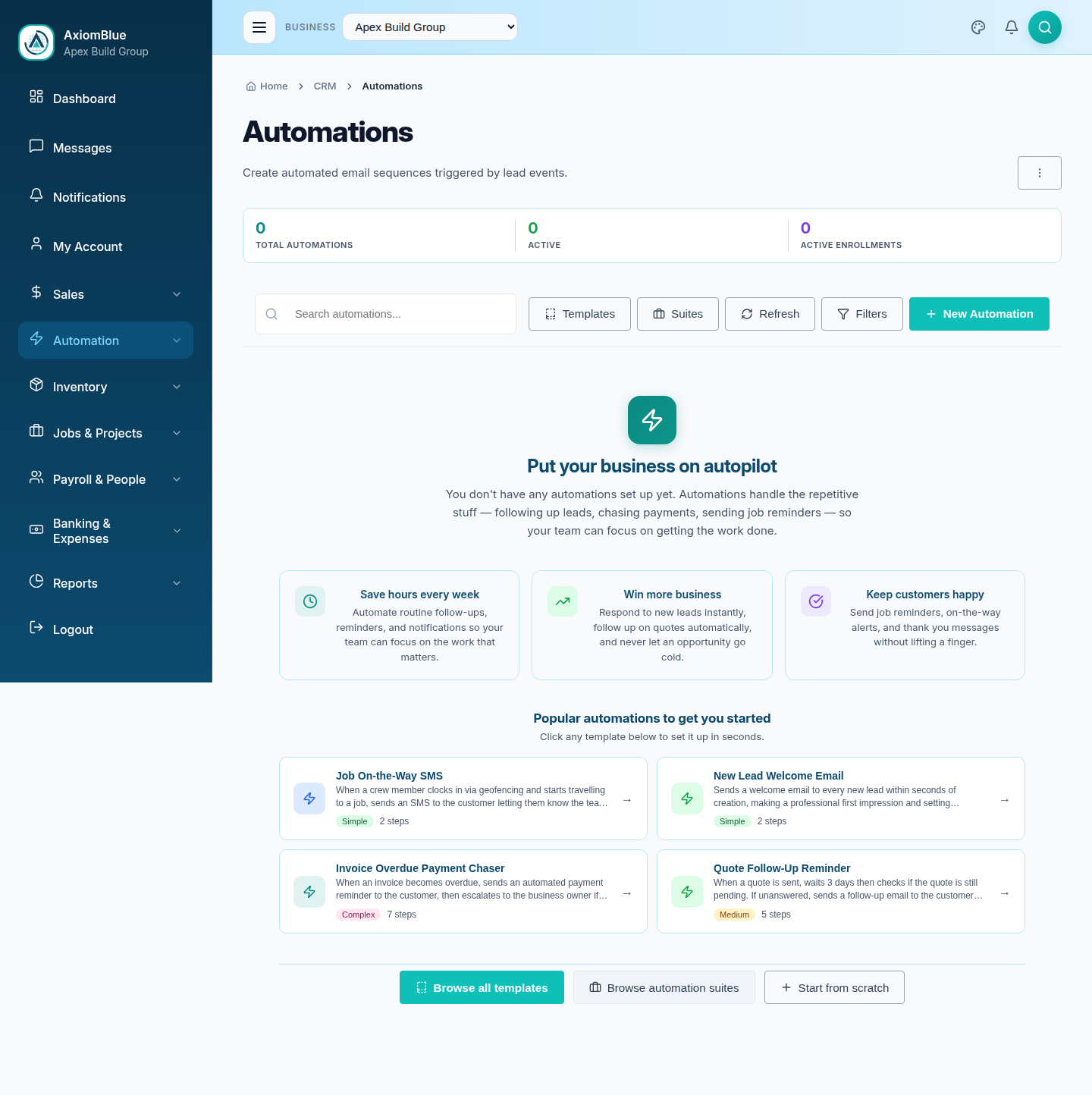 Workflows list showing name, trigger type and active status for each workflow