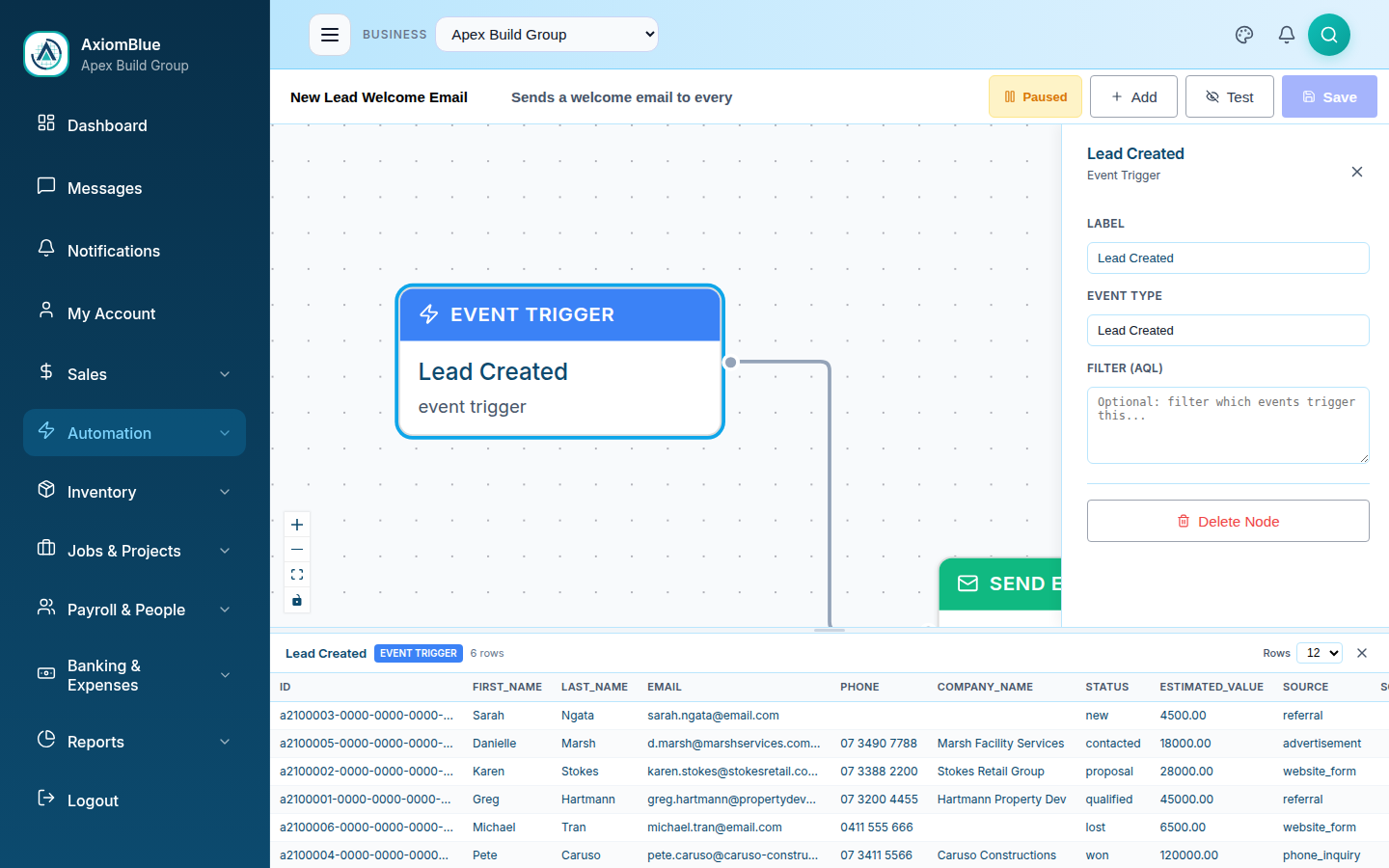 Node configuration panel showing Label, Event Type and Filter fields, with a data preview table along the bottom