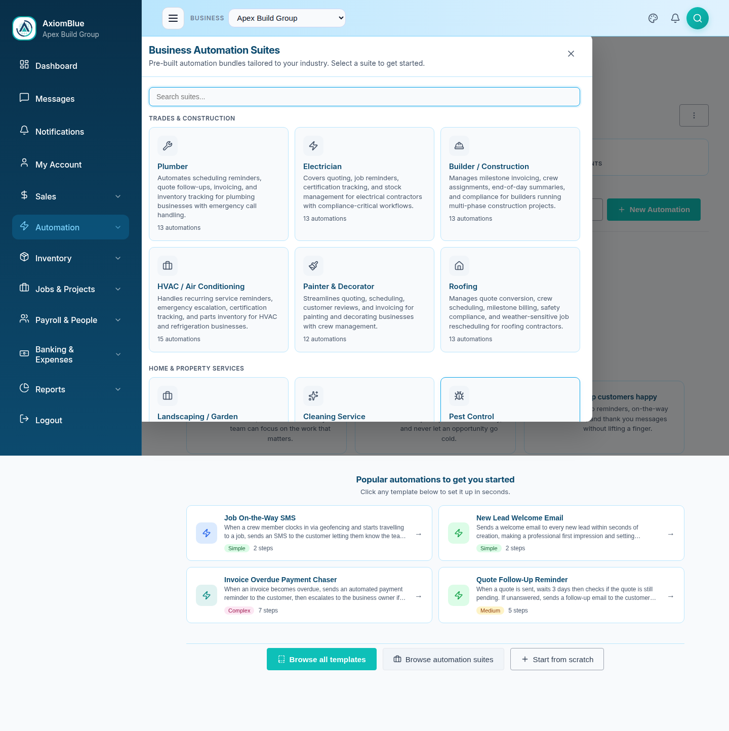 Business Automation Suites dialog listing suites by trade with descriptions
