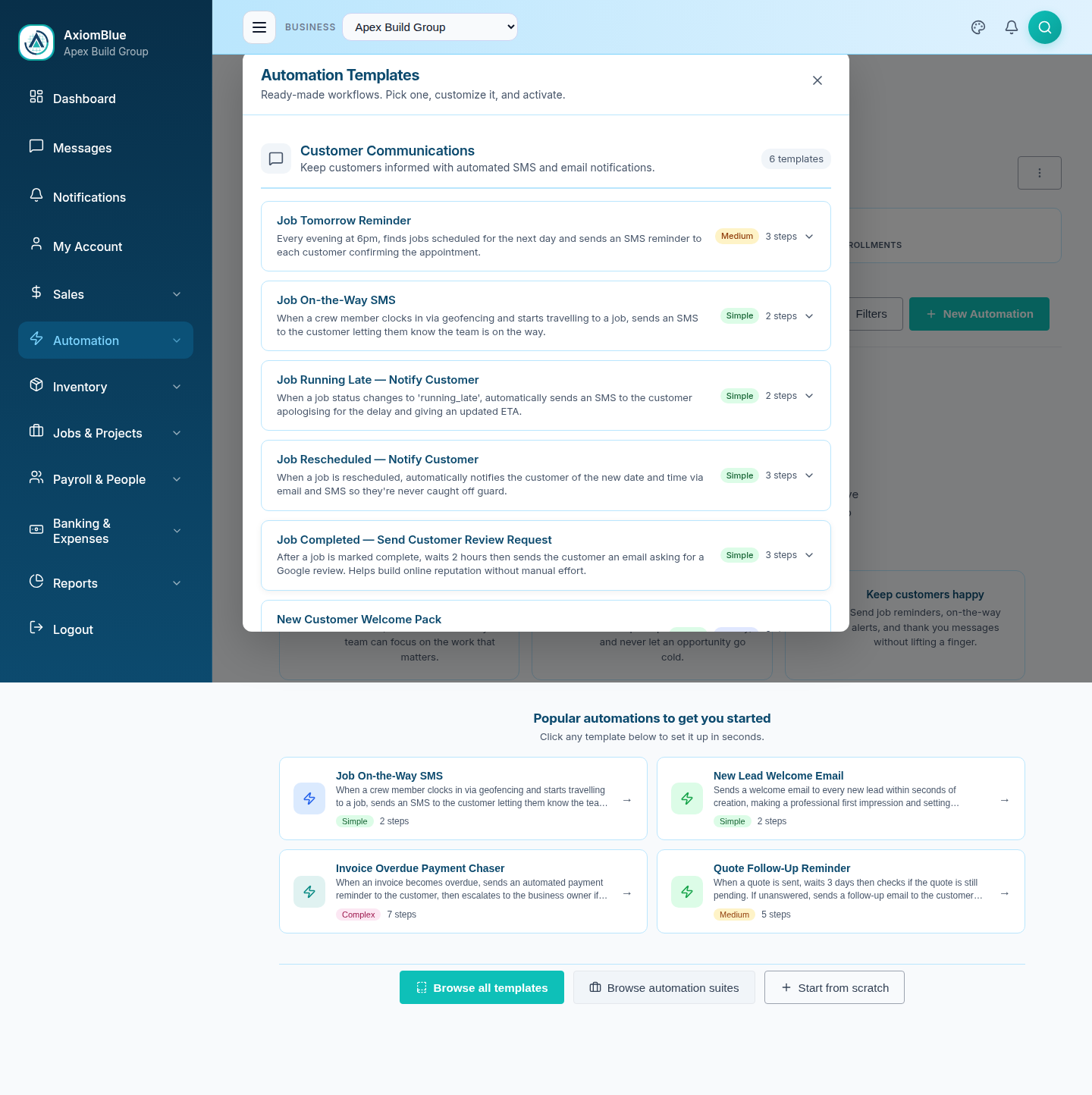 Automation Templates library with the Customer Communications category expanded, showing template cards