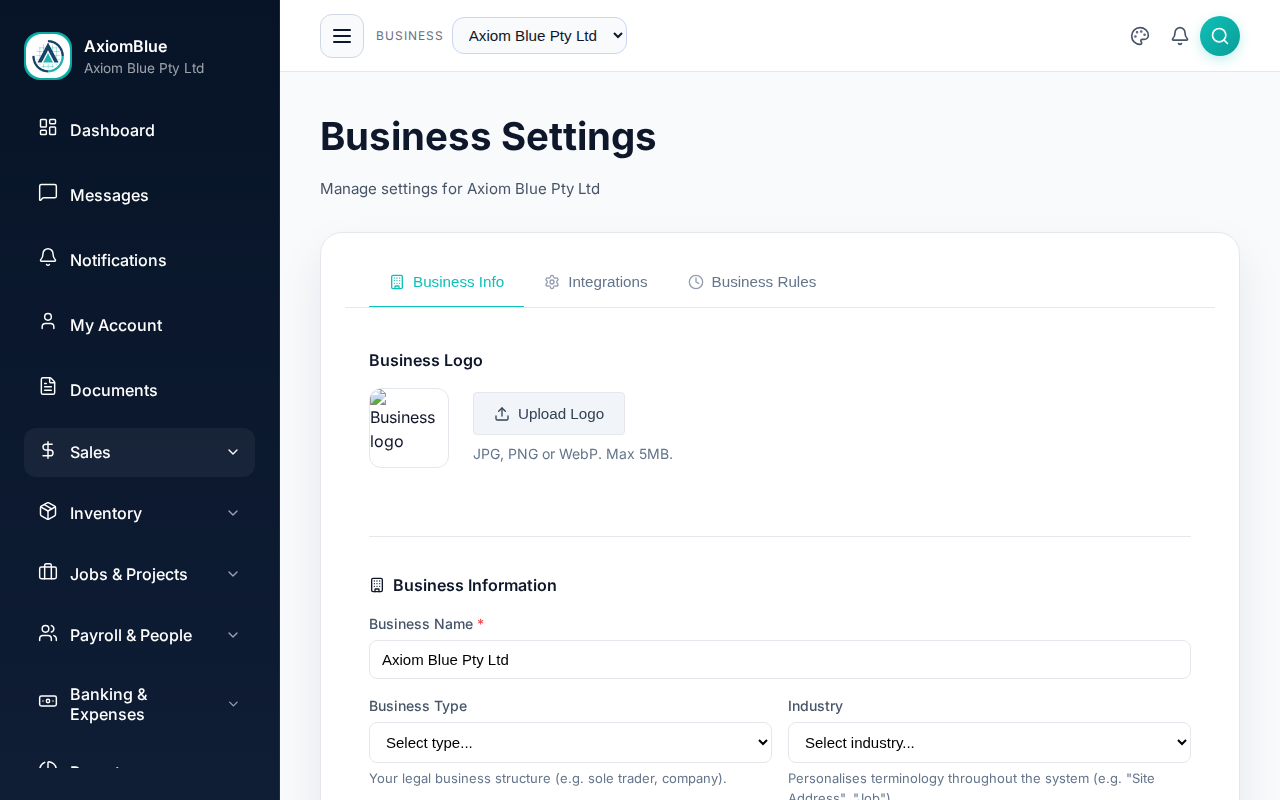 Business settings page