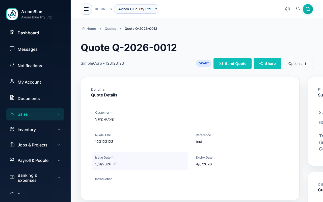 Quote Details card showing customer, title, reference and date fields