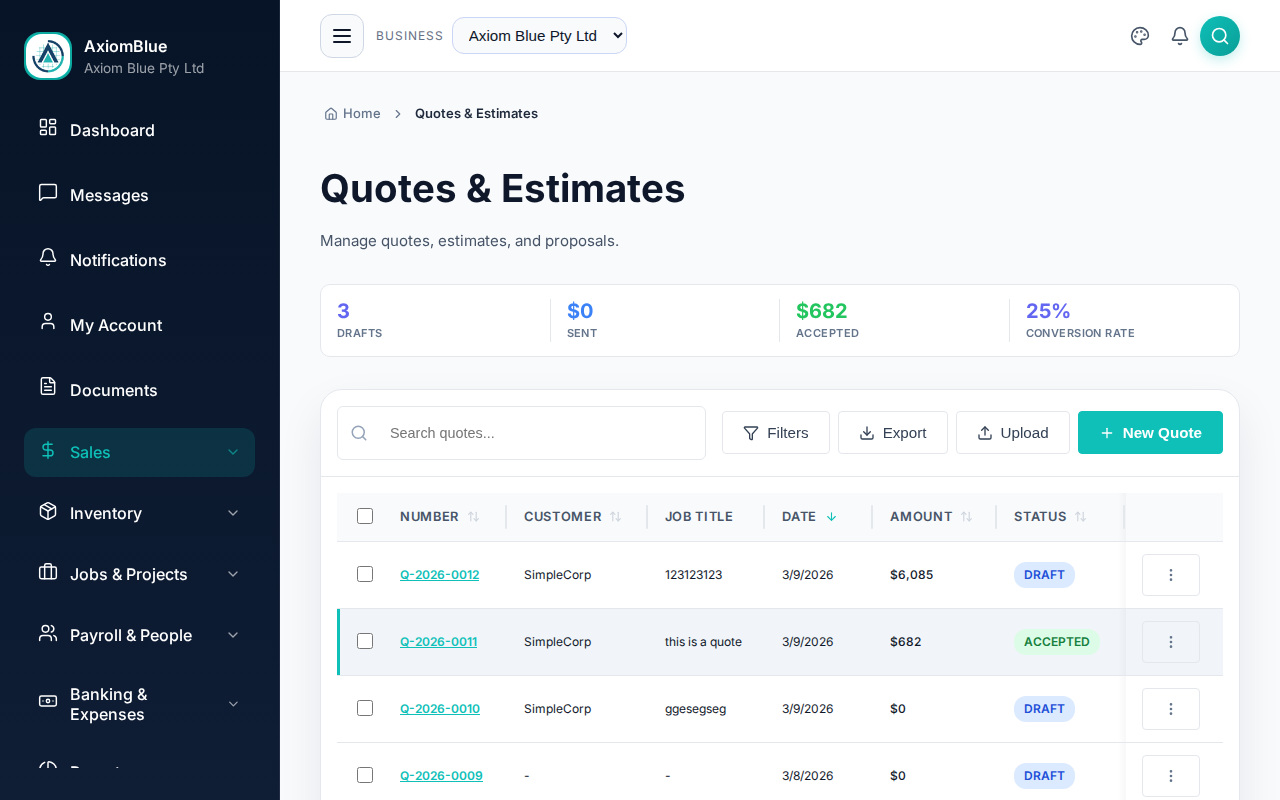 Quotes list with status column and filter controls