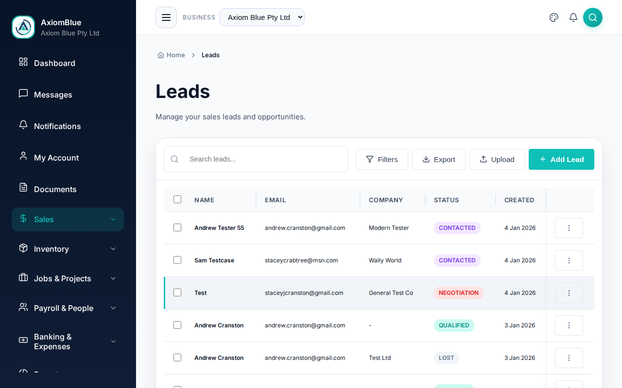 The All Leads list with its search box, filter panel and status column