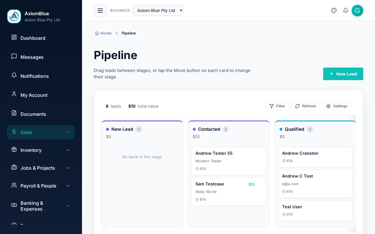 The Lead Pipeline board with a column per stage and lead cards inside them