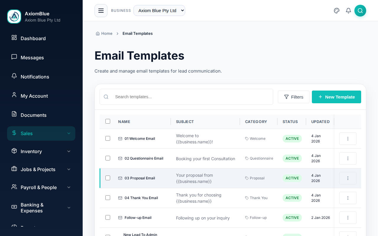 The Email Templates list with its category column