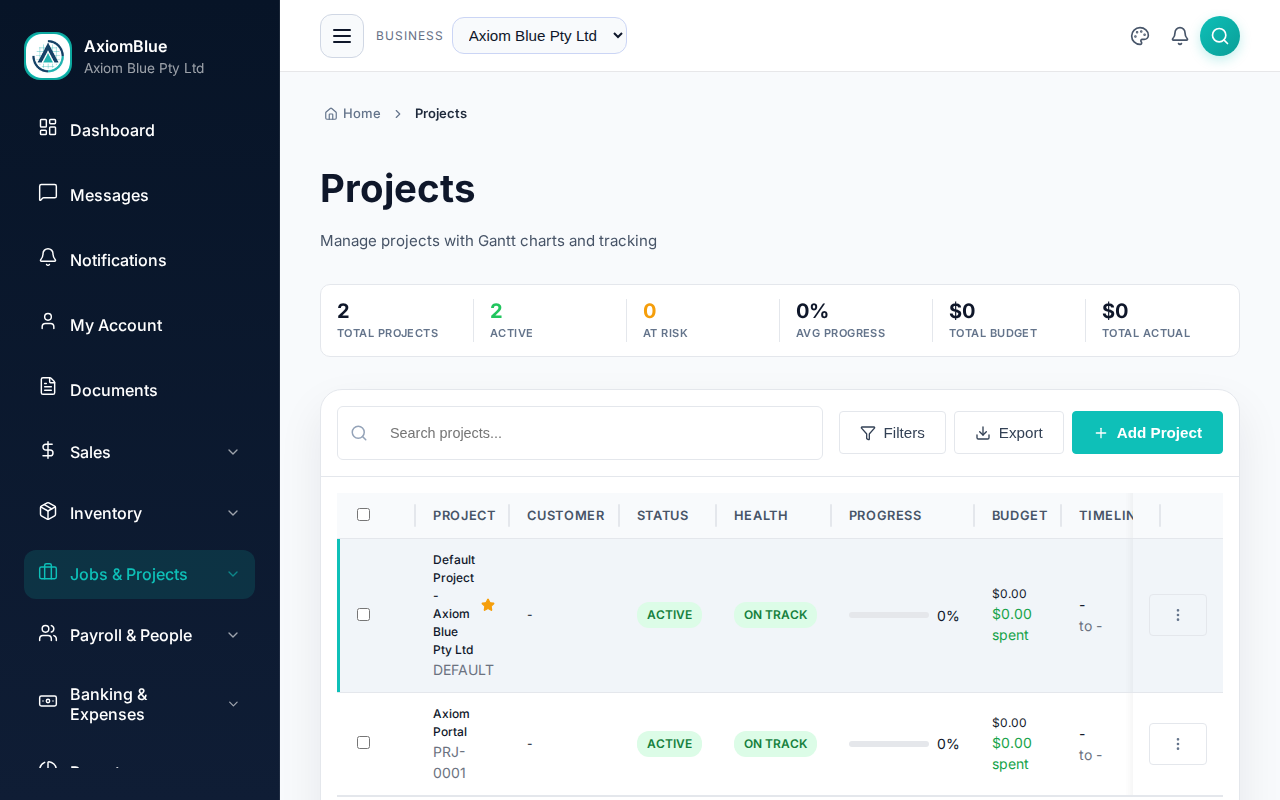 Projects page with counters across the top and a list showing project, customer, status, health, progress, budget and timeline