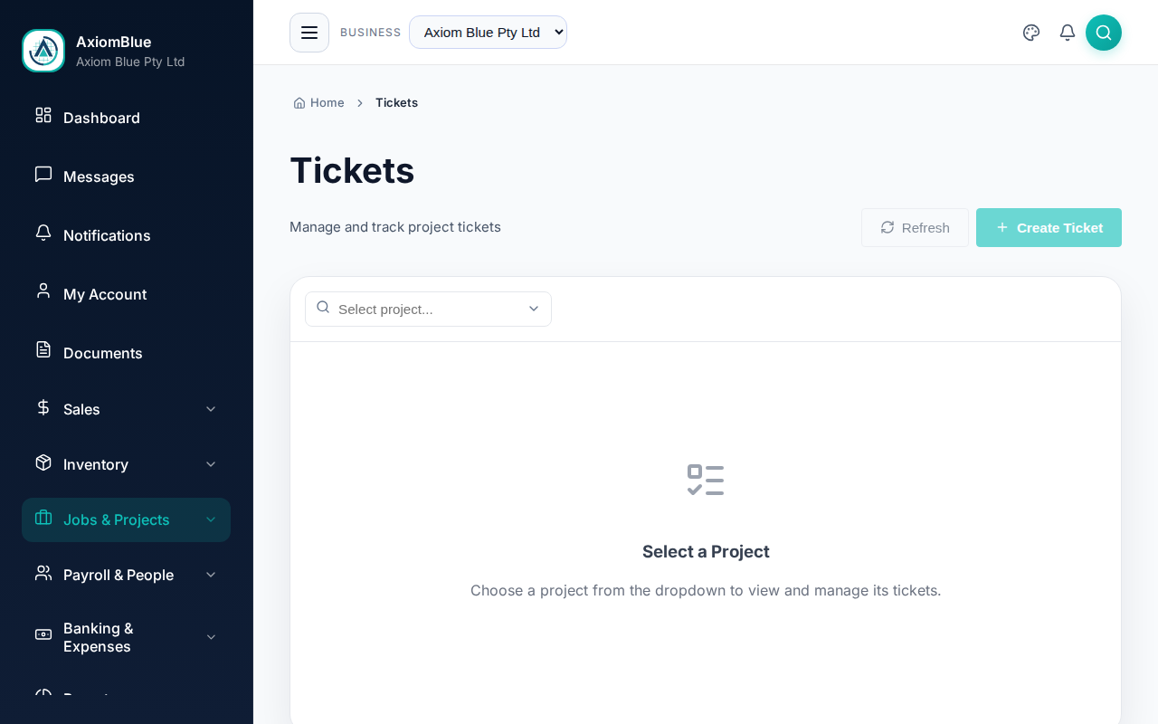 Tickets page with a project selector and a Select a Project prompt